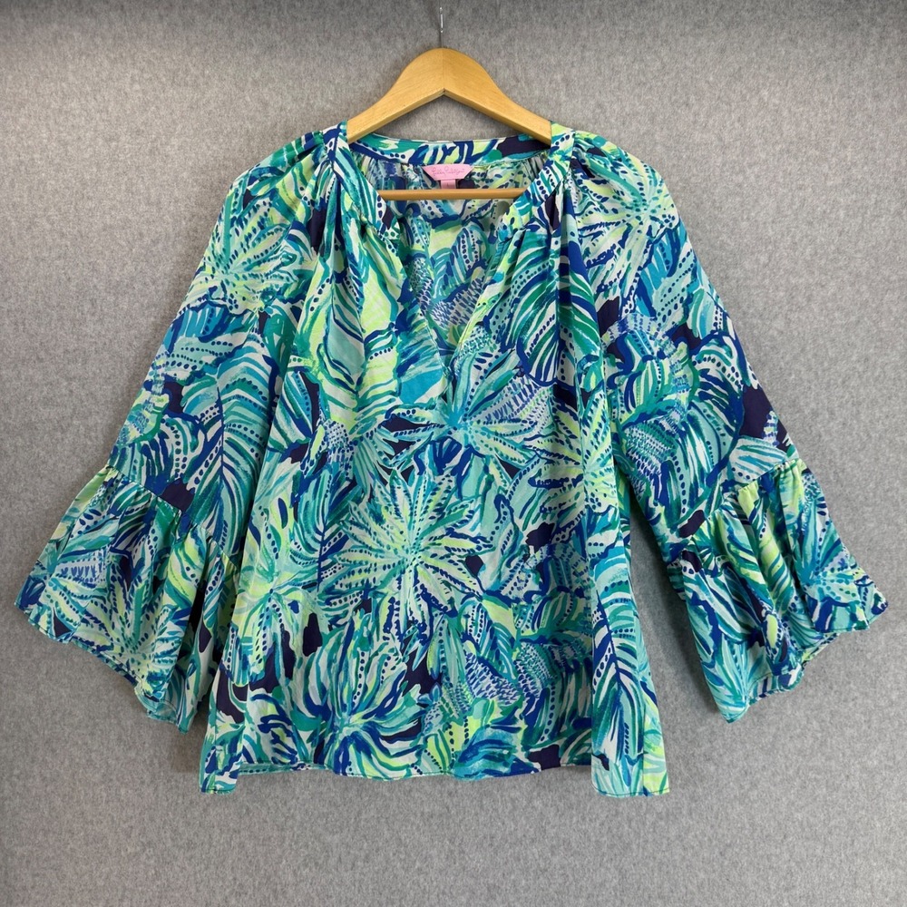 Lilly Pulitzer Womens Matilda Silk Top Blouse Bell Sleeve Armadilly Dally Small